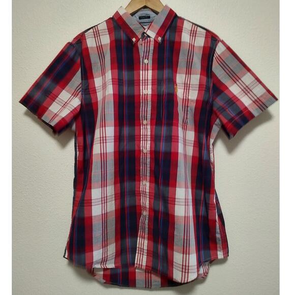 U.S. Polo Assn. Red Blue White Plaid Stretch Short Sleeve Button Up Shirt Size L - Picture 1 of 9